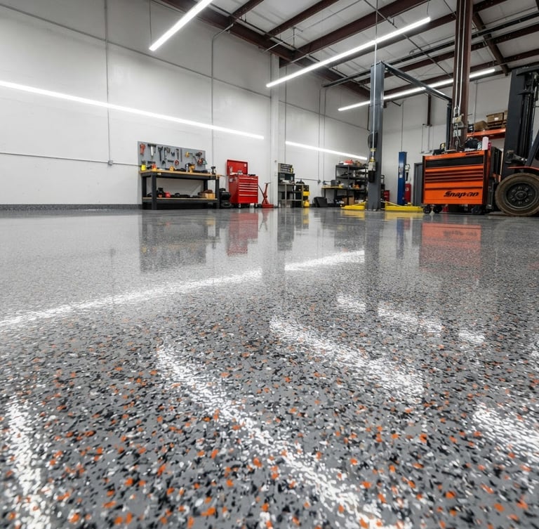 Low-angle wide shot of a pristine, newly coated garage floor reflecting overhead utility lights, sleek gray flake finish, clean edges.
