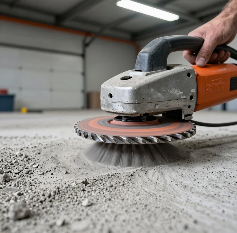 Close-up of an industrial concrete grinding machine with diamond tooling spinning, dustless vacuum hose attached, concrete dust being swept away to reveal clean porous concrete