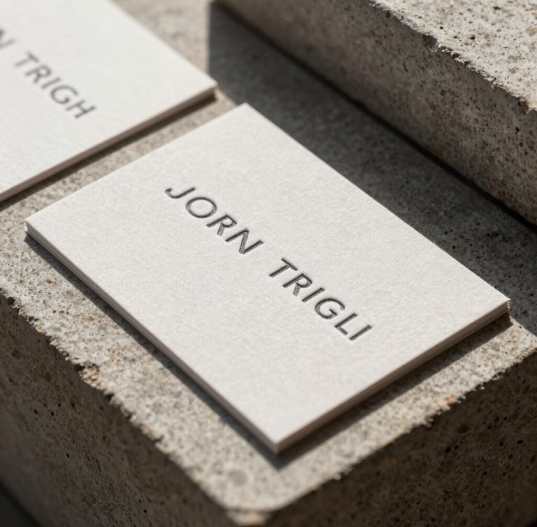 Extreme close-up of deeply embossed heavy cotton business cards resting on a textured stone block, sharp directional sunlight casting clean geometric shadows, architectural precision.