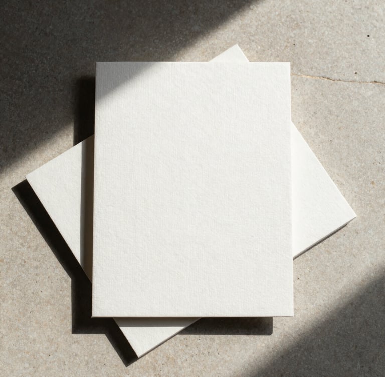 Geometric flat-lay of embossed linen stationery and heavy paper stock on a neutral stone surface, casting sharp, directional shadows.