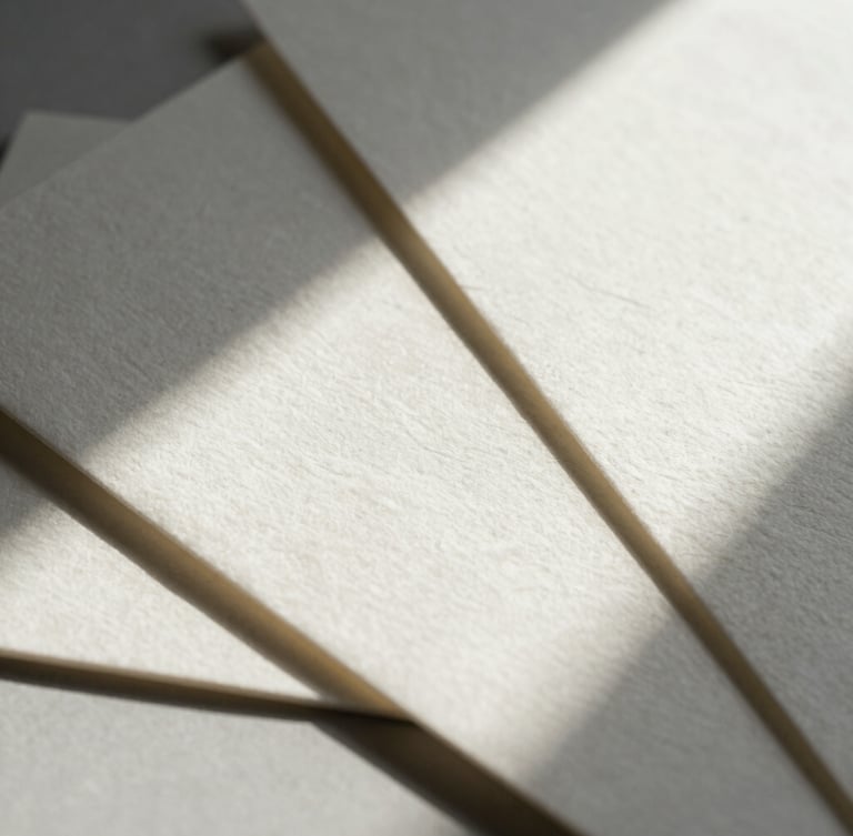 Extreme close-up of heavy embossed cotton paper stationery with sharp architectural shadows, geometric flat-lay composition, hard natural light.