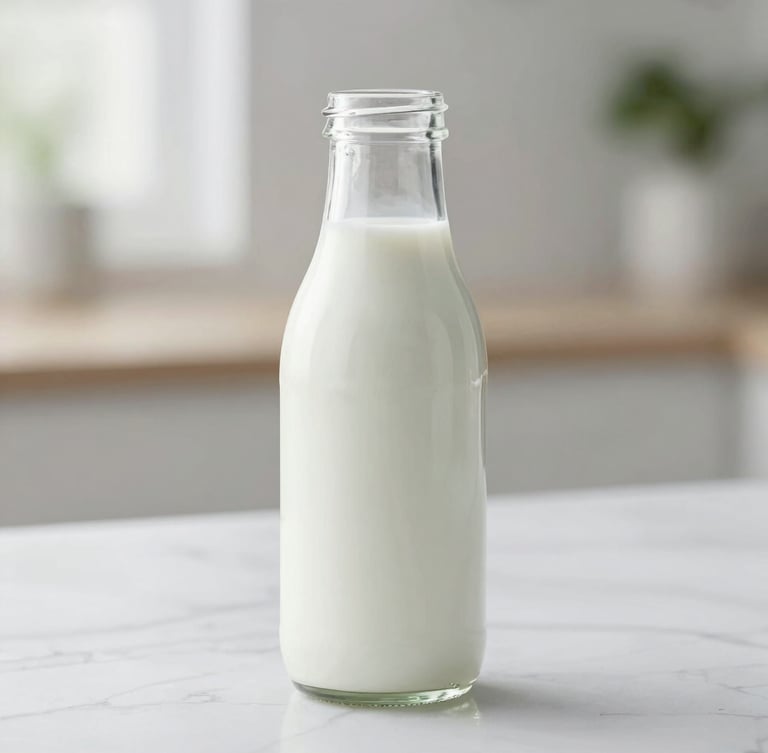 Pristine close-up of fresh organic milk in a heavy glass bottle on a white marble counter, soft natural overcast daylight, shallow depth of field, minimalist styling