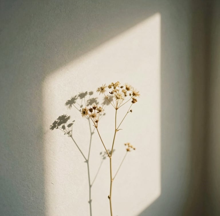 Sunlight casting soft shadows of dried wildflowers on a warm plaster wall, muted sage and cream tones, editorial photography, shallow depth of field
