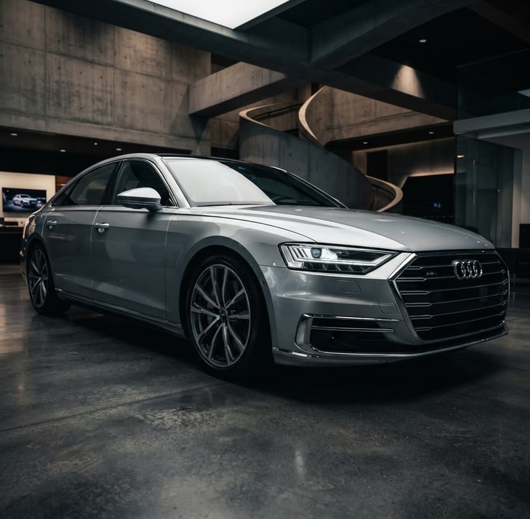 Low-angle heroic shot of a premium silver luxury sedan parked inside a modern architectural concrete showroom, dramatic studio key lights reflecting on the metallic hood, 50mm lens