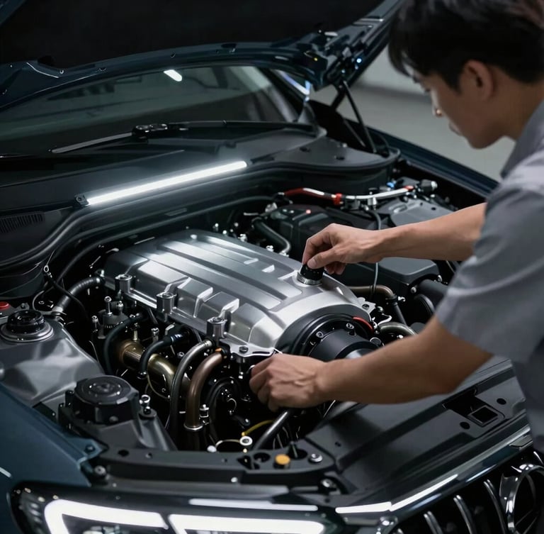 Cinematic close-up of a premium vehicle engine bay under crisp white LED lights, a professional technician in clean uniform performing a multi-point inspection, sharp focus.