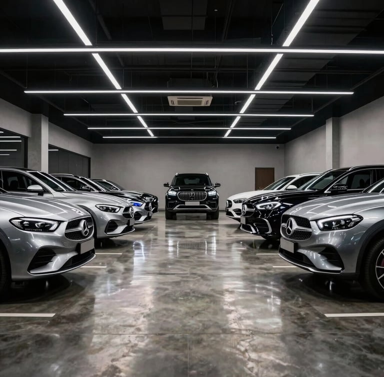 Cinematic interior of a modern luxury car showroom in Hyderabad, polished concrete floors reflecting overhead LED grid lights, pristine metallic silver sedans and black SUVs arranged with generous negative space, 50mm lens