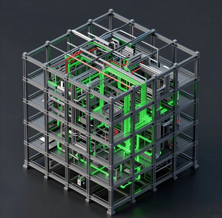 Isometric orthographic projection of a dense multi-layered BIM model, color-coded MEP piping weaving through structural steel beams, high-contrast laser green highlights on clash-free intersections, dark viewport background.