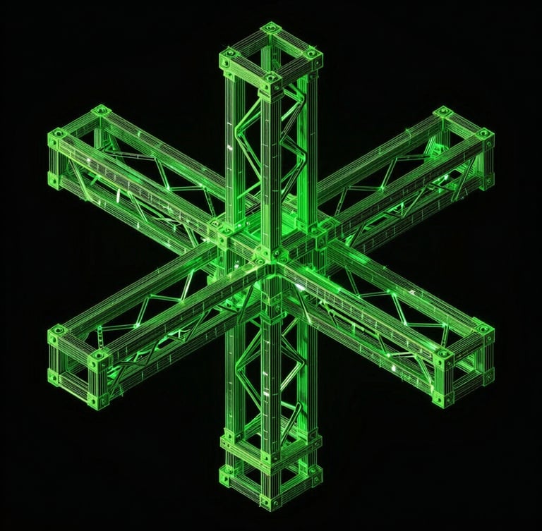 Isometric orthographic projection of a highly dense structural steel intersection, crisp vector lines, CAD viewport style, high-contrast laser green highlights on connection plates, dark background.