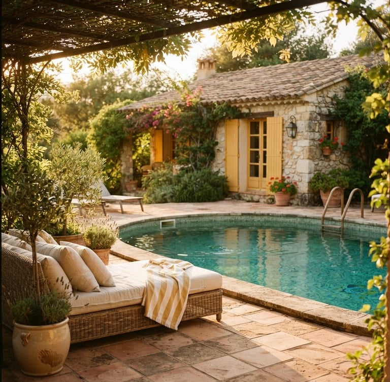 A bright, sun-dappled pool patio at golden hour, warm yellow cottage shutters in the background, clean lines, 35mm film style.