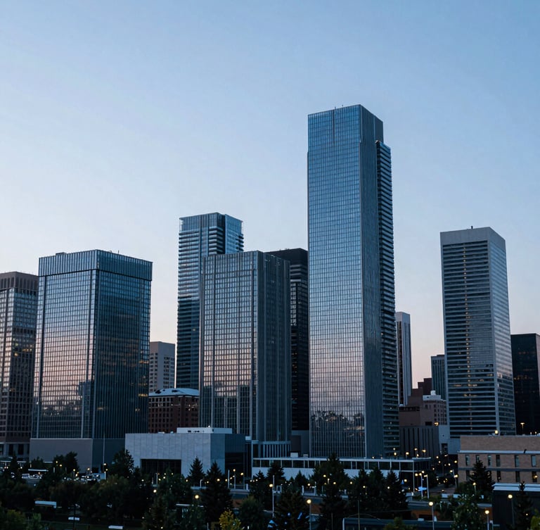 Wide environmental view of the Edmonton skyline at dusk, modern glass towers reflecting cold blue light, clean composition with negative space on the left.