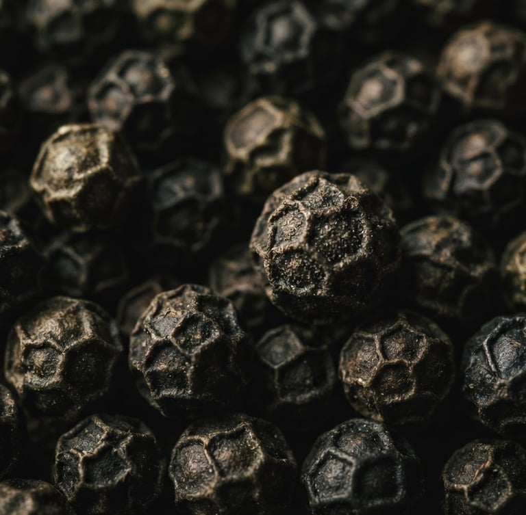 Extreme macro shot of whole, textured ungarbled black peppercorns, moody editorial lighting, deep charcoal and olive tones, 35mm.