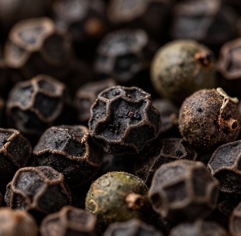 Macro photography of a single whole ungarbled peppercorn showing its rich textured surface, rich charcoal tones, 35mm