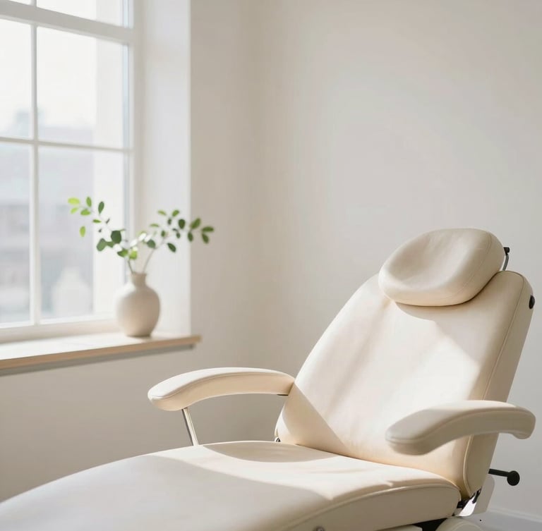 Bright sun-drenched minimalist clinic interior with soft natural light, warm neutral tones, a plush treatment chair, and delicate green foliage in a ceramic vase, shallow depth of field, 35mm