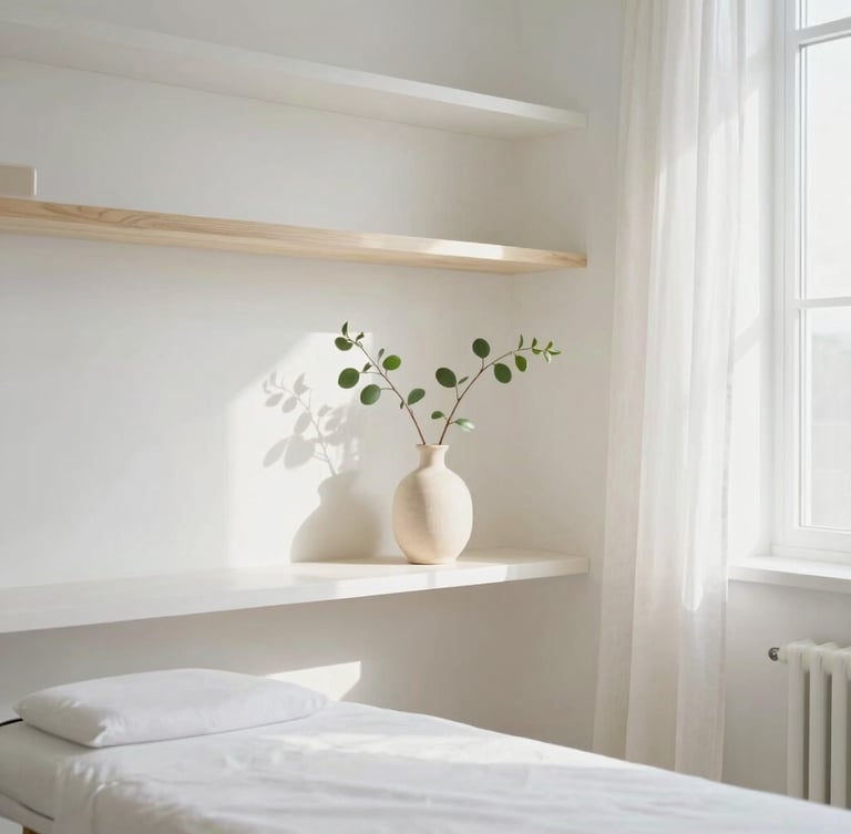 Bright, sun-drenched treatment room with minimalist white oak shelves, soft linen drapes, and a single green branch in a ceramic vase. Soft natural daylight, shallow depth of field, 35mm.
