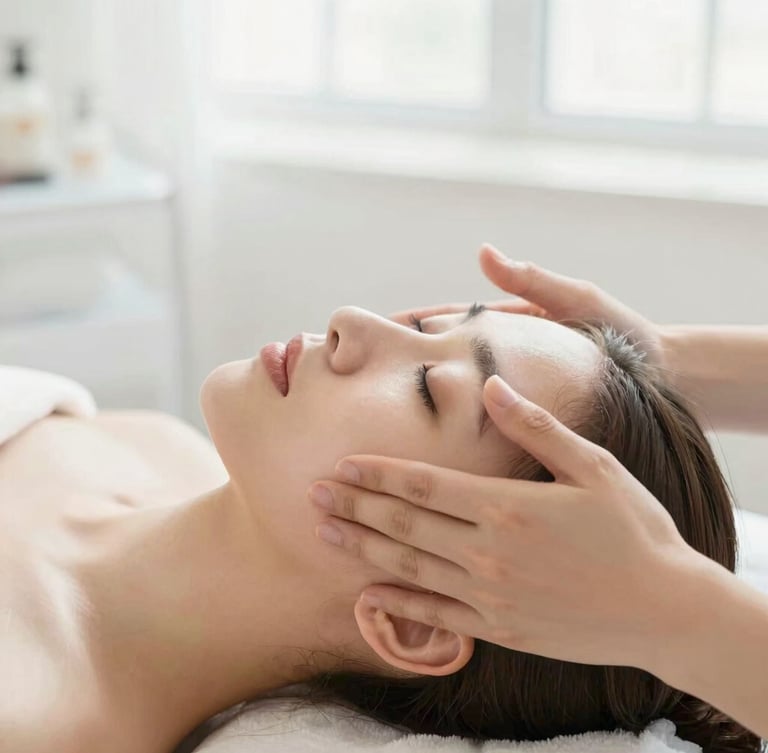 Close-up of a gentle hands-on facial treatment in a bright sun-drenched treatment room, soft natural daylight, clean white aesthetic, shallow depth of field, 35mm