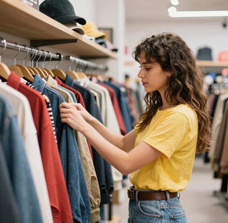 Portrait shot of a young woman browsing a well-lit rack of colorful Western wear inside GIRL 16 NX, vibrant high-contrast, natural indoor light, energetic youthful mood, sharp focus, 35mm lens