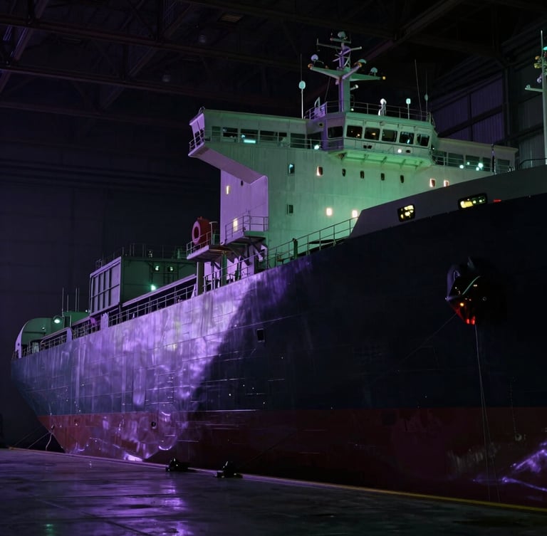 Wide-angle portrait of a massive industrial cargo ship docked in a dark hangar bay, cold purple and green terminal backlighting, sharp metallic hull plating, cinematic sci-fi photography