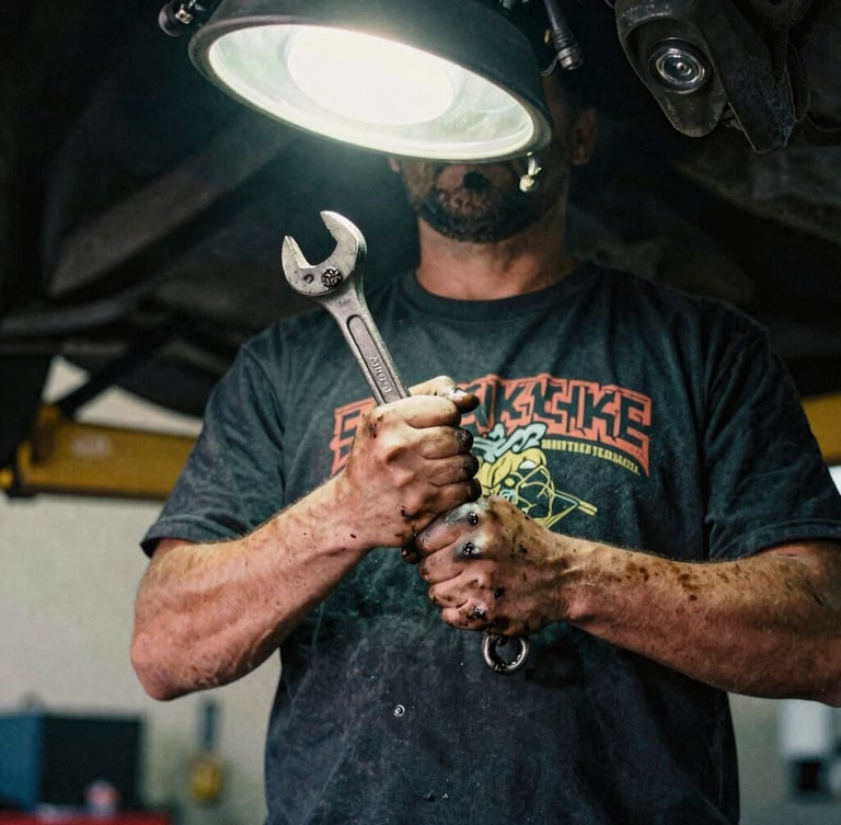 Close-up of a heavy-weight black graphic t-shirt worn by a mechanic under a car lift, hands stained with grease holding a wrench, harsh overhead shop light, gritty 35mm film texture
