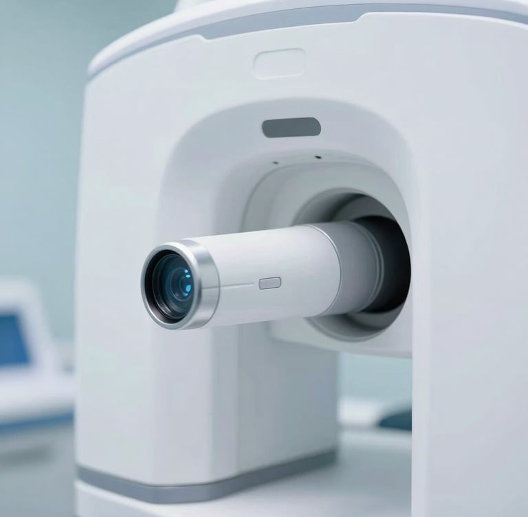 Close-up of a high-tech dental 3D imaging sensor, clean clinical photography, bright high-key studio lighting, sterile white and soft blue tones, sharp focus