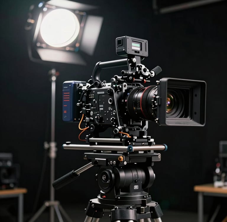 High-contrast cinematic still of a large-scale camera rig on a commercial set, low-key dramatic lighting, anamorphic lens flare, dark background