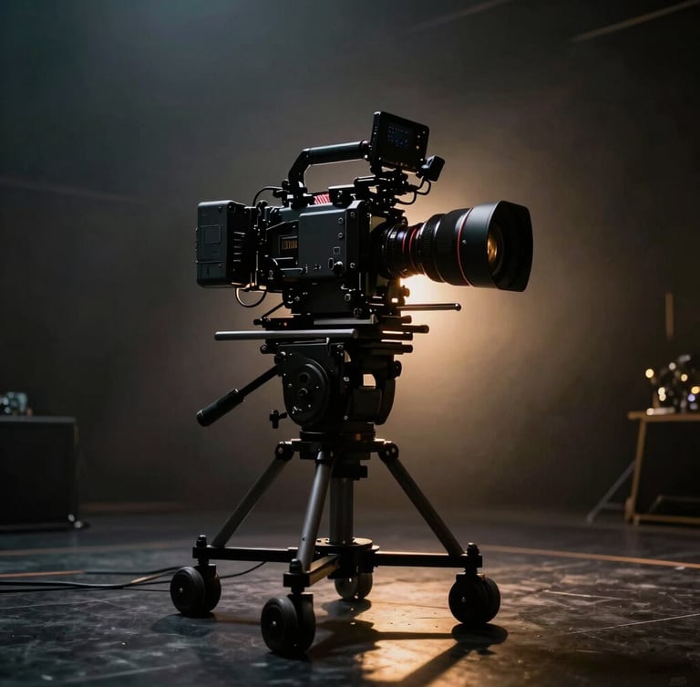 Ultra-wide 2.39:1 cinematic frame. Low-key chiaroscuro lighting. A massive anamorphic camera rig positioned on a dark soundstage, golden rim light outlining the silhouette of the machinery, atmospheric haze.