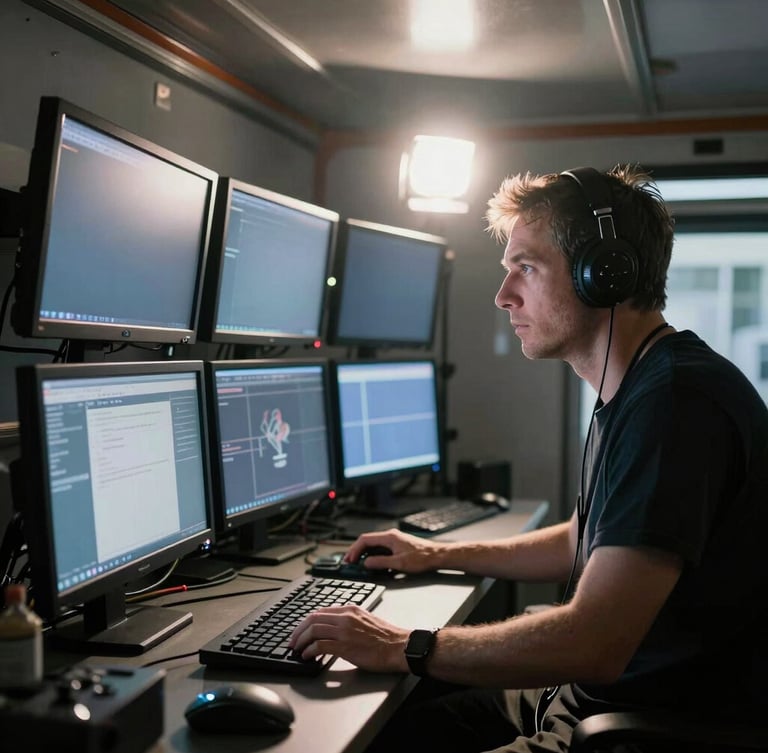 Behind-the-scenes portrait of a film director analyzing multiple glowing monitors in a dimly lit production truck, high-contrast chiaroscuro lighting, anamorphic lens flare.