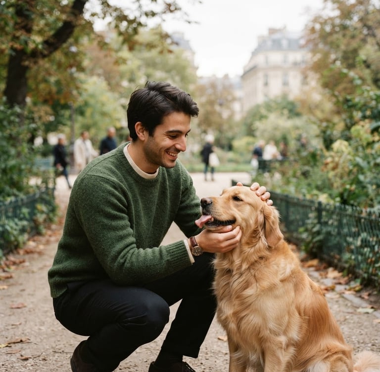 Warm editorial photograph of Davide gently interacting with a golden retriever in a Parisian park, soft natural daylight, shallow depth of field, muted forest green and cream tones.