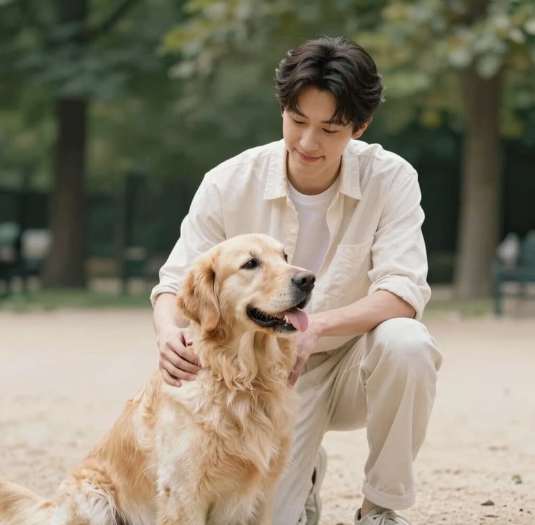 Authentic portrait of Davide with Vulcano, a Golden Retriever, interacting gently in a Parisian park, soft natural daylight, shallow depth of field, muted forest green and cream tones.