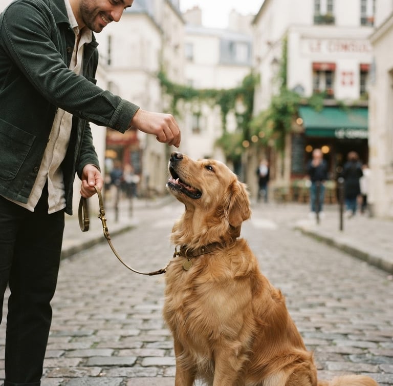 Warm editorial photograph of a Golden Retriever (Vulcano) on a quiet Parisian street, looking up at Davide's hand, soft natural daylight, shallow depth of field, muted forest green and cream tones.