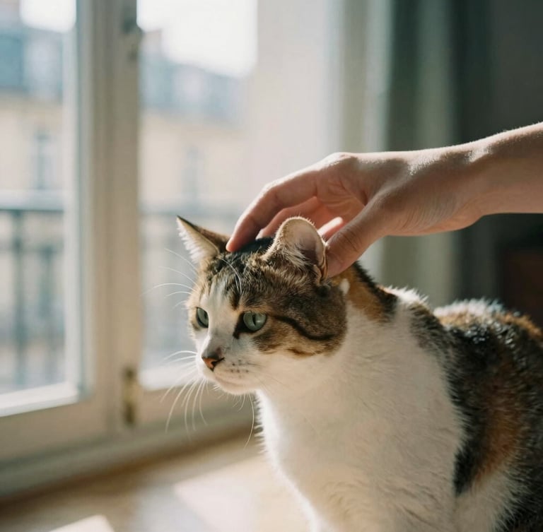 Close-up of a hand gently stroking a cat's head in a sunlit Parisian apartment, soft natural window light, shallow depth of field, 35mm, warm editorial photography