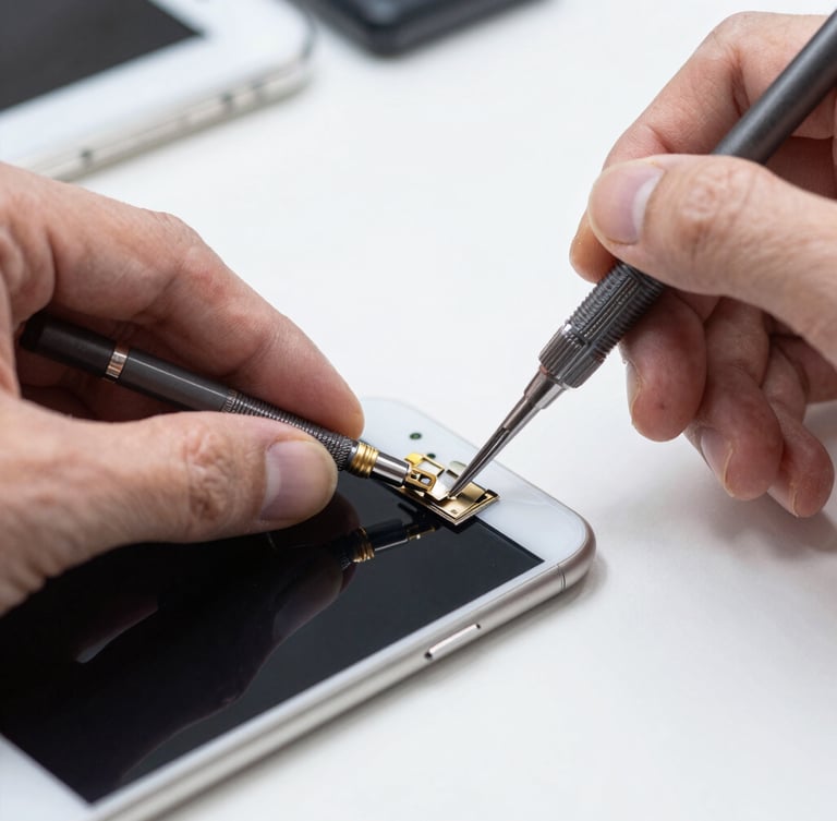 Close-up macro shot of a technician using precision tools to replace an iPhone screen on a brightly lit workbench, sharp focus