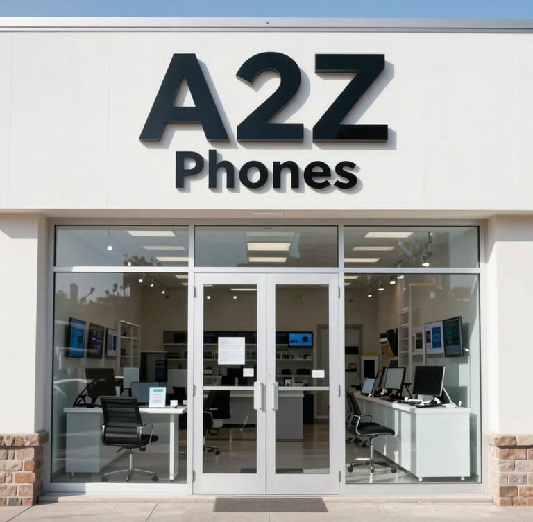 Straight-on eye-level shot of A2Z Phones clean physical storefront in Calgary, bright daylight, clear signage