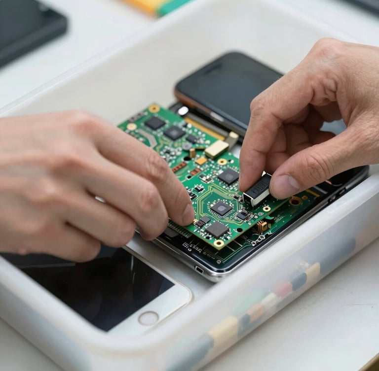 Macro close-up of a technician sorting old circuit boards and recycled phones into a clean bin, bright workbench lighting, crisp technical photography