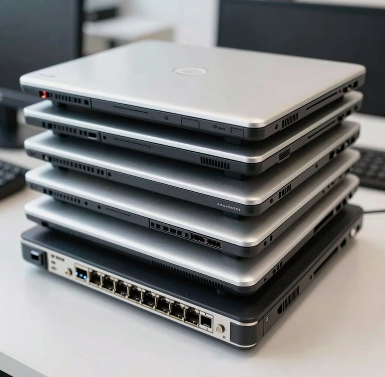 Eye-level shot of a clean stack of decommissioned office laptops and networking equipment ready for recycling, bright natural lighting, sharp focus