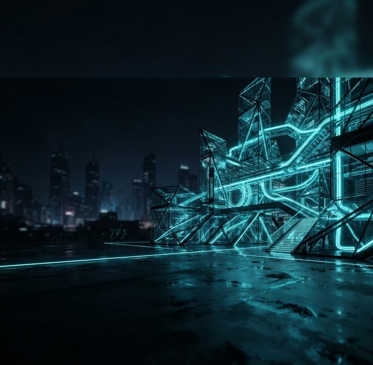 Wide panoramic sleek dark-mode 3D render of interconnected glass structures glowing with electric cyan light, sharp architectural angles, moody low-key ambient lighting, ultra-detailed glass textures, cinematic depth of field, subject placed to the right third.