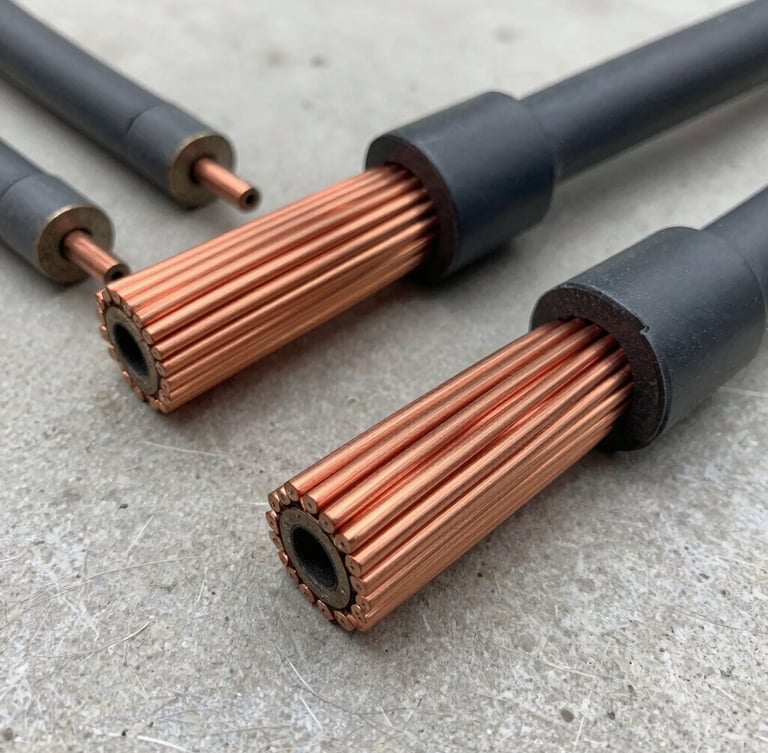 Close-up of bright, shiny stripped copper wire and thick industrial cables on a clean concrete floor, professional industrial lighting, sharp metal textures, 35mm lens