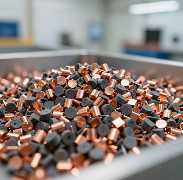 Close-up of clean copper granules separated from cable insulation in a bright modern recycling facility, sharp focus on metallic texture, industrial photography, 35mm lens