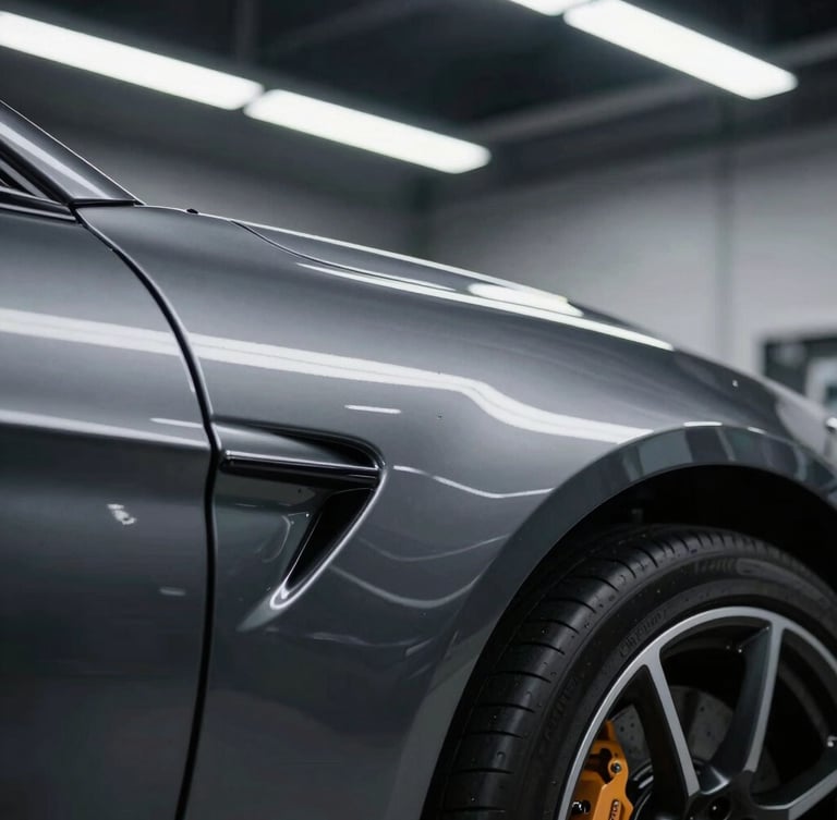 Macro shot of a high-end sports car fender, flawless metallic dark grey paint reflecting sharp overhead fluorescent lights, clean industrial workshop background, 35mm lens, shallow depth of field