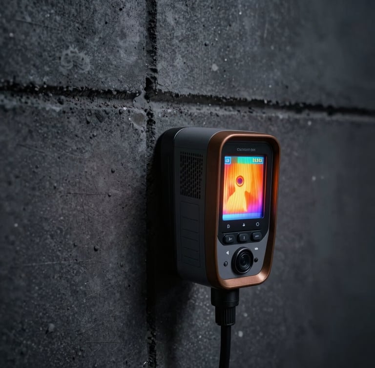 Close-up of a professional thermal imaging camera showing heat loss on a concrete wall joint, high-contrast engineering style, dark graphite tones