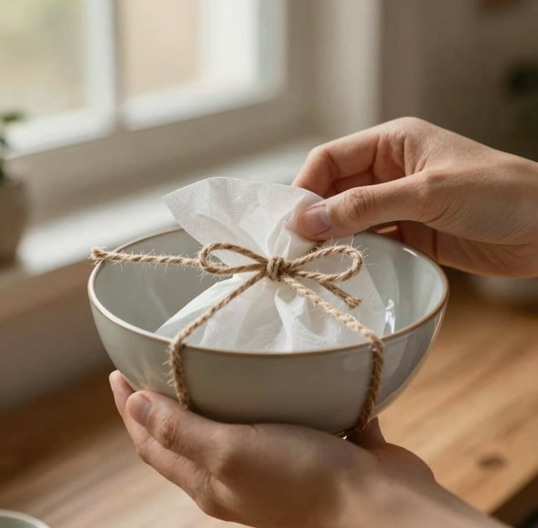 Hands carefully wrapping a delicate ceramic bowl in soft tissue paper, tied with a simple cotton twine, warm ambient indoor light, shallow depth of field