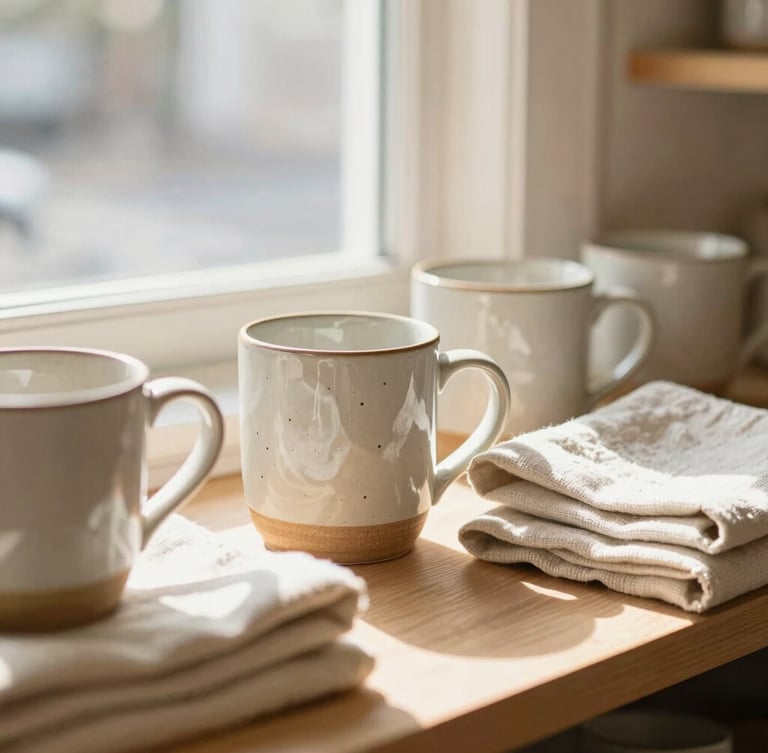Warm editorial photography of a sunlit corner in a New England boutique, soft natural window light on textured ceramic mugs and folded linen textiles, shallow depth of field, 35mm