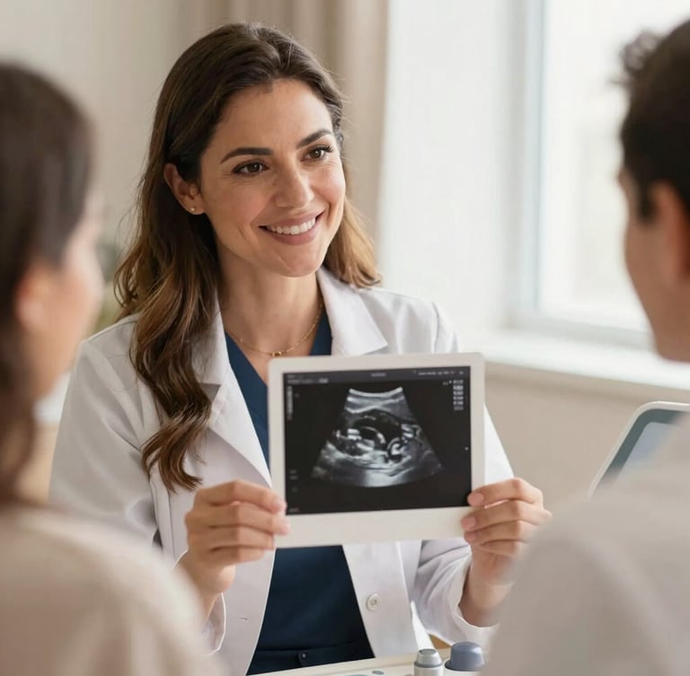 Close-up of Dra. Camila Gama during a consultation, holding a high-resolution ultrasound scan, talking warmly to a patient, soft natural light, professional and welcoming atmosphere