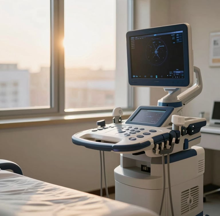 Professional clean medical office with warm sunlight streaming through a large window, a modern high-resolution ultrasound machine in the background, elegant neutral and deep blue decor, shallow depth of field