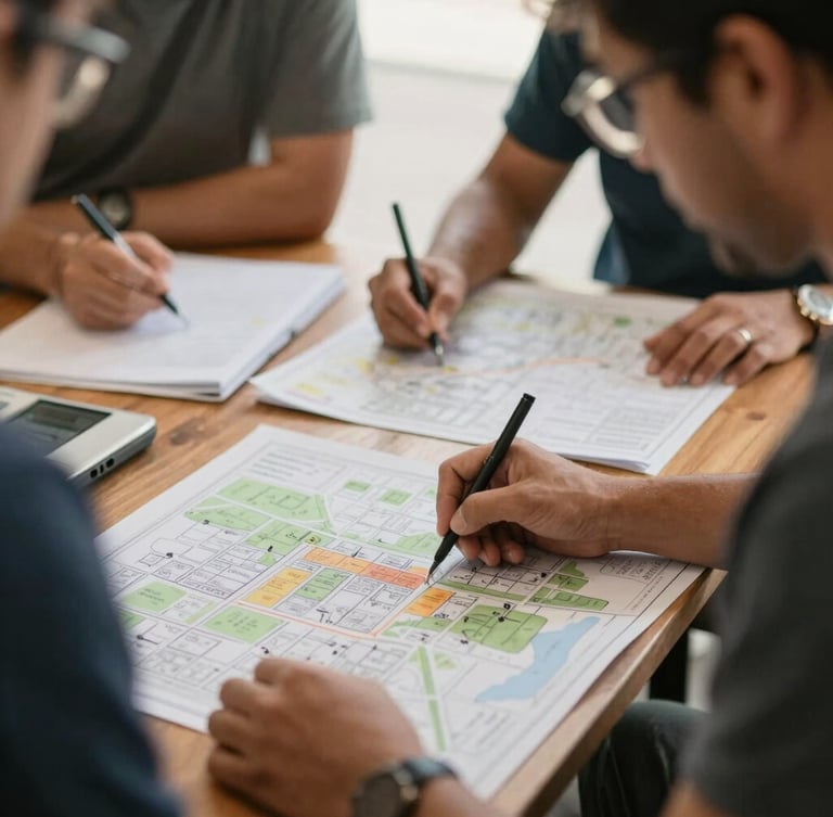 Candid medium shot of community members actively marking up neighborhood maps during a local planning session, warm natural light, shallow depth of field.
