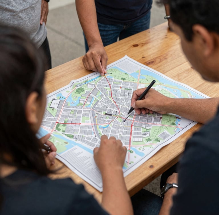 Candid over-the-shoulder view of local residents marking up a large neighborhood map on a wooden table, natural overcast daylight, 35mm lens.
