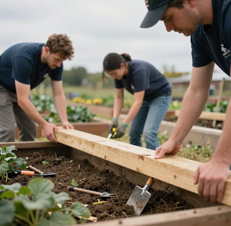 Candid documentary photograph of local volunteers building a community garden bed, holding wooden planks and tools under natural overcast daylight, 35mm lens, shallow depth of field.