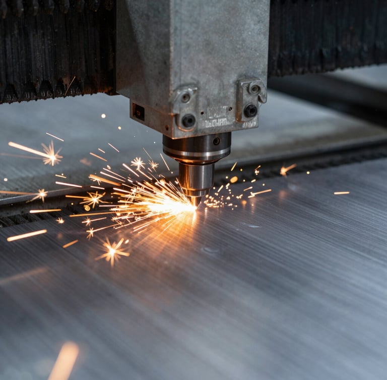 Macro close-up of a CNC laser cutter head emitting intense orange sparks as it slices through a thick steel plate, high-contrast industrial lighting, cool steel tones.