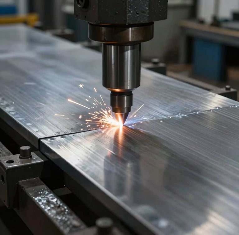Dramatic industrial photograph of a heavy hydraulic press brake bending a large steel sheet, macro view of the metal contact point, cool steel tones, 50mm