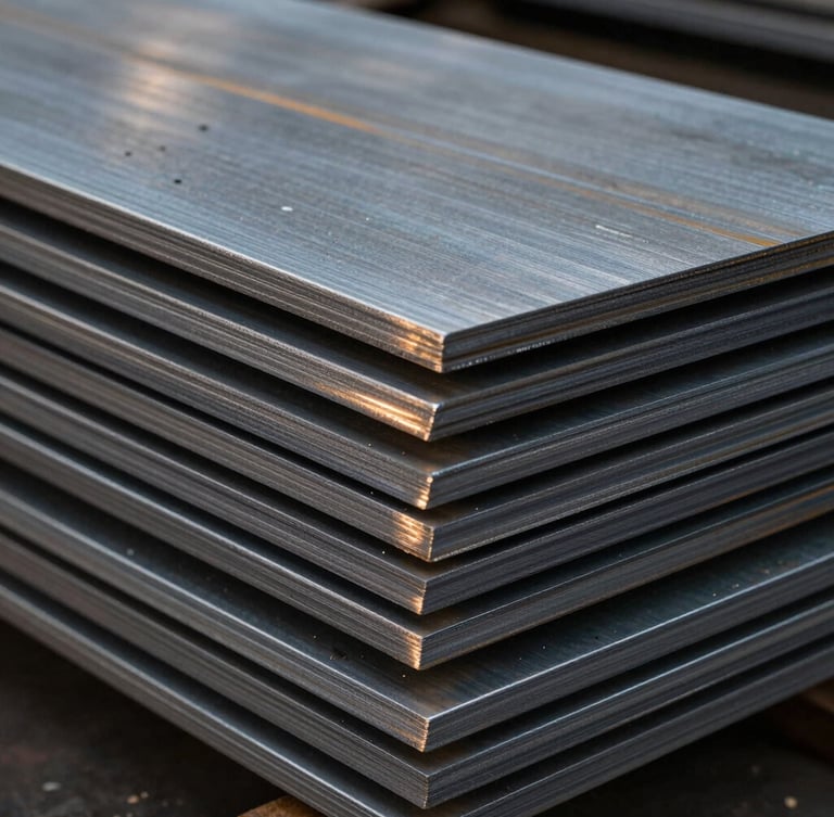 Macro photography of raw steel plates stacked neatly in an industrial warehouse, high contrast, cool metallic textures, soft warm light reflecting off the clean cut edges, 50mm.