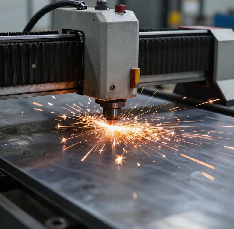Dramatic industrial photography of a CNC laser cutter throwing bright orange sparks while cutting a thick steel plate, high-contrast workshop lighting, 50mm